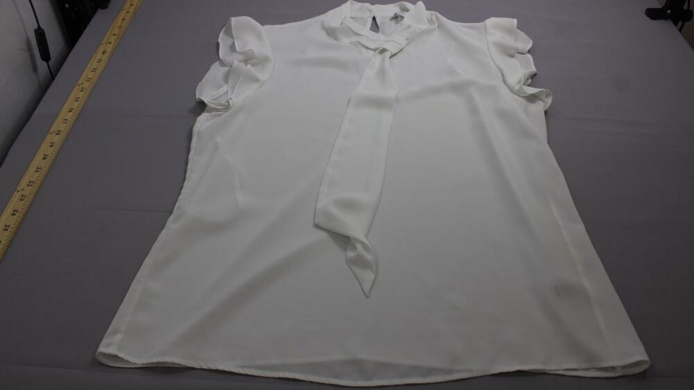 Calvin Klein Blouse Womens L White Ruffle Cap Sleeve Tie Mock Neck Keyhole Top